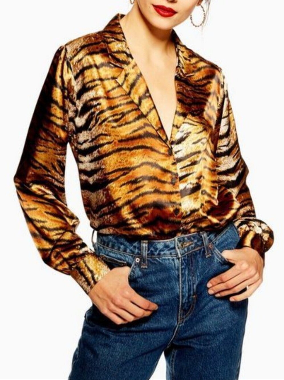 Topshop Tiger-Print Satin Button-Down Blouse in Gold and Black